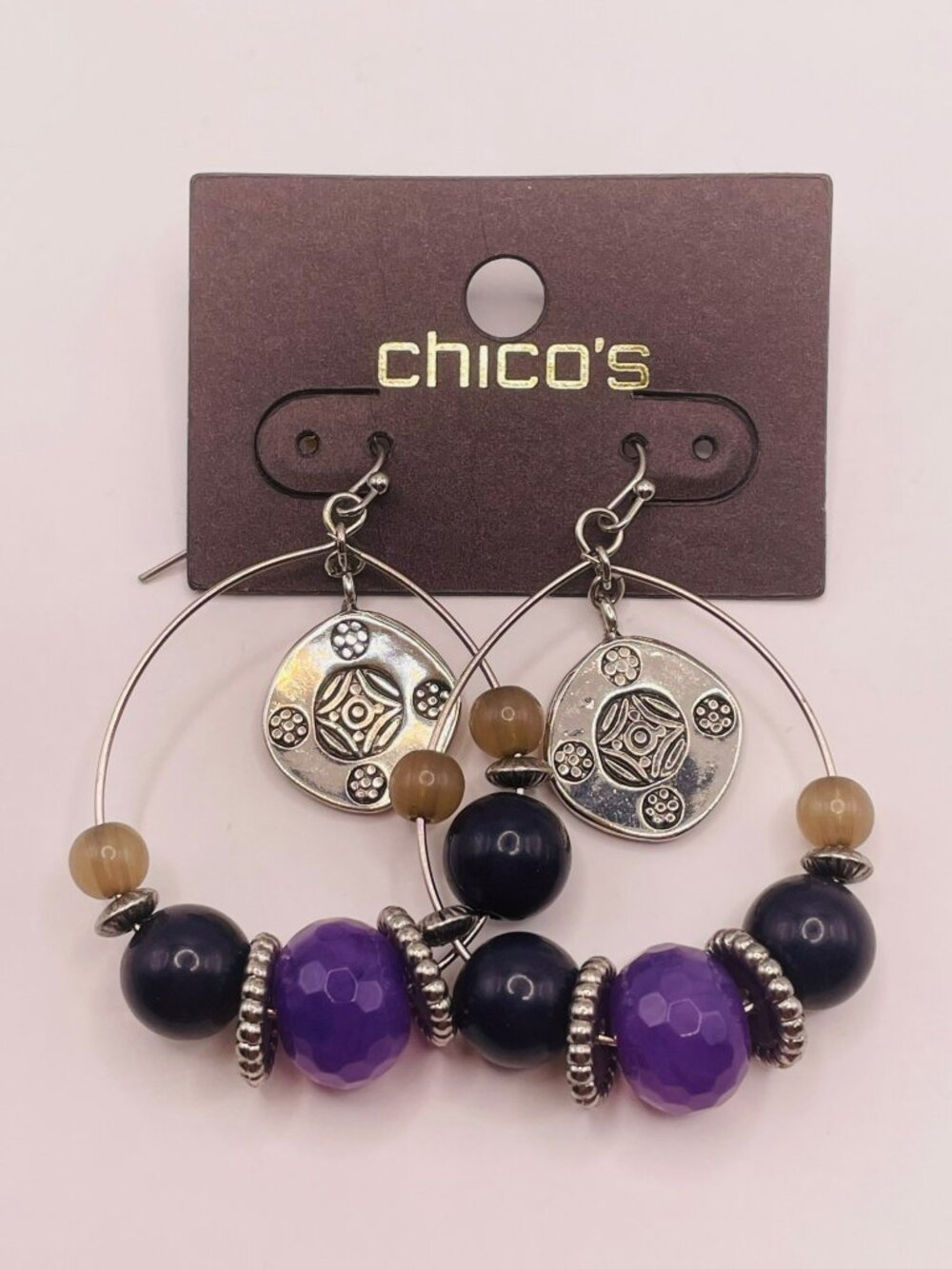 New Chico's Beaded Hoop Earrings Purple Silver & Gold Accents -118B